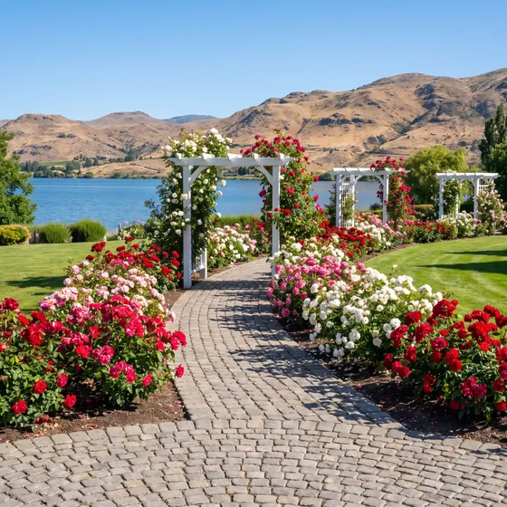 Illustration: a paved path curving through red, pink and white rose beds and white arbours, with a lake and dry hills beyond.